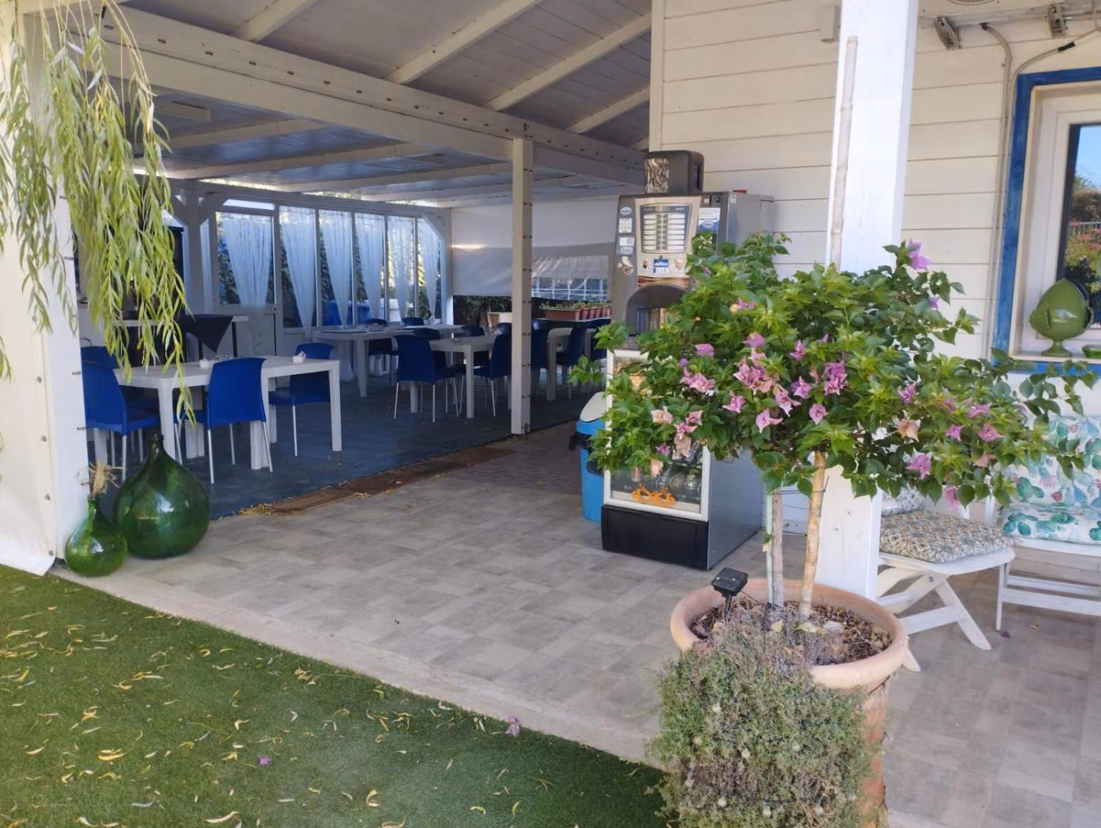 Il patio esterno con tavoli, sedie e pianta in vaso